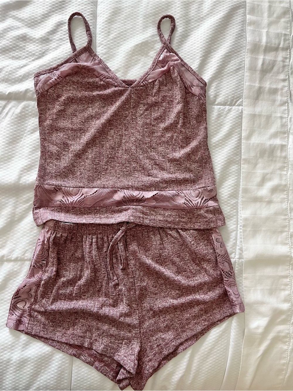 Lace-Trim Ribbed Cami & Shorts Sleep Sets|Lavender/Rose Size Small - Picture 5 of 7